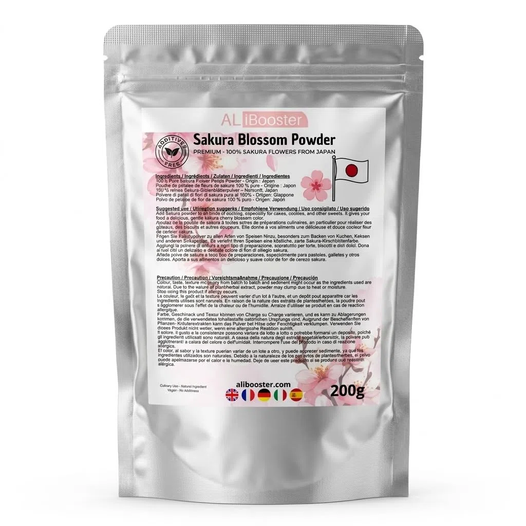 Poudre de Fleurs de Sakura Premium 200 g - Origine Japon - Sakura Blossom 100% Pure - Poudre de Pétales - Pâtisserie, Desserts, Boissons, Bubble Tea & Cuisine Japonaise