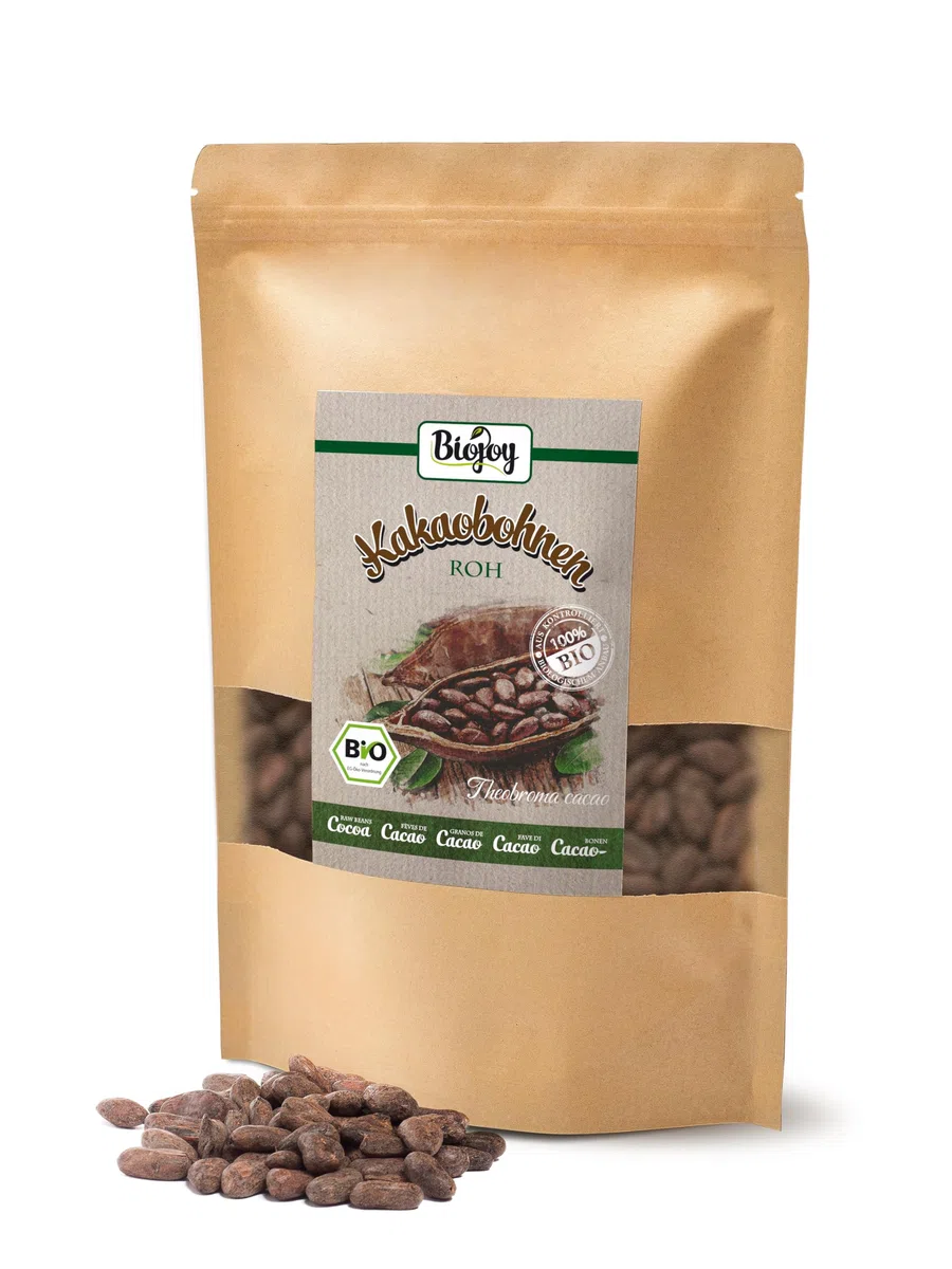 Biojoy Fèves de Cacao BIO (1 kg), crues et entières, sans sucre ajouté (Theobroma cacao)