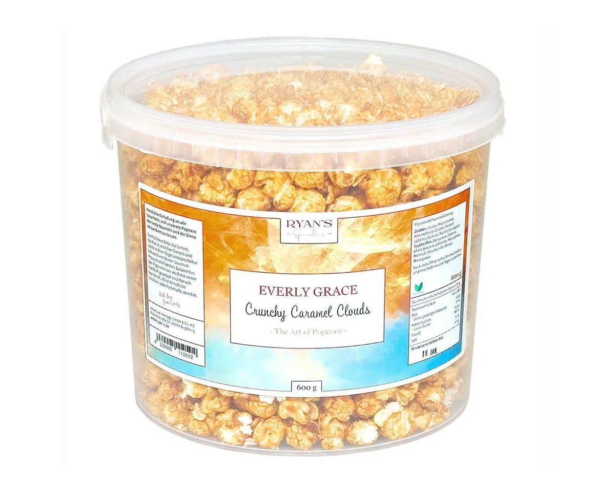 Everly Grace Popcorn – Crunchy Caramel Clouds, 600 g – Seau de popcorn au caramel sucré et vanille bourbon, fait main en Allemagne