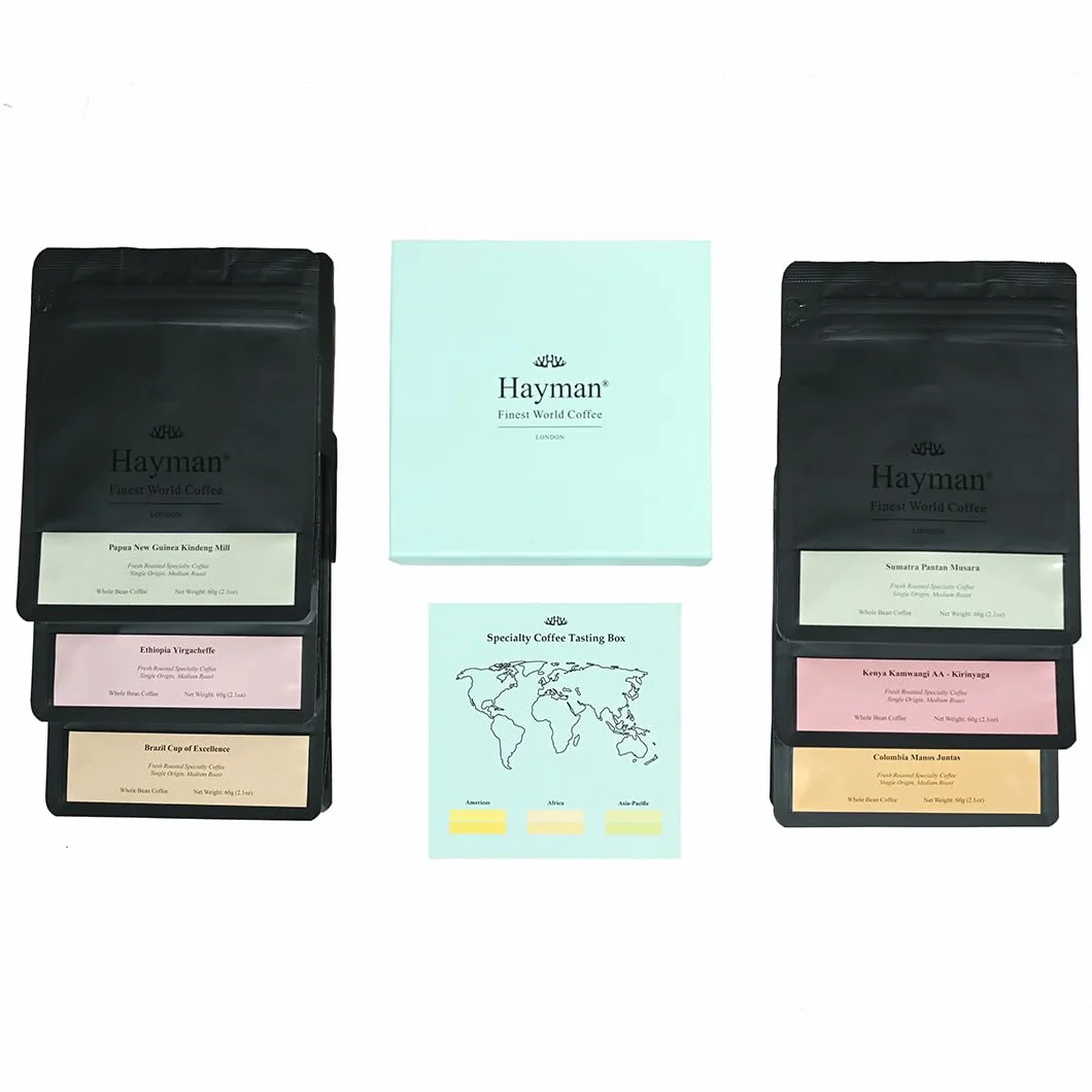Hayman, Coffret Dégustation de Cafés de Spécialité, Cadeau de 6 Cafés Gourmet, Échantillon de Variétés, Assortiment Connaisseurs, En Grains, Torréfaction Moyenne, 6 Sacs de 60g Chacun (360g Total)