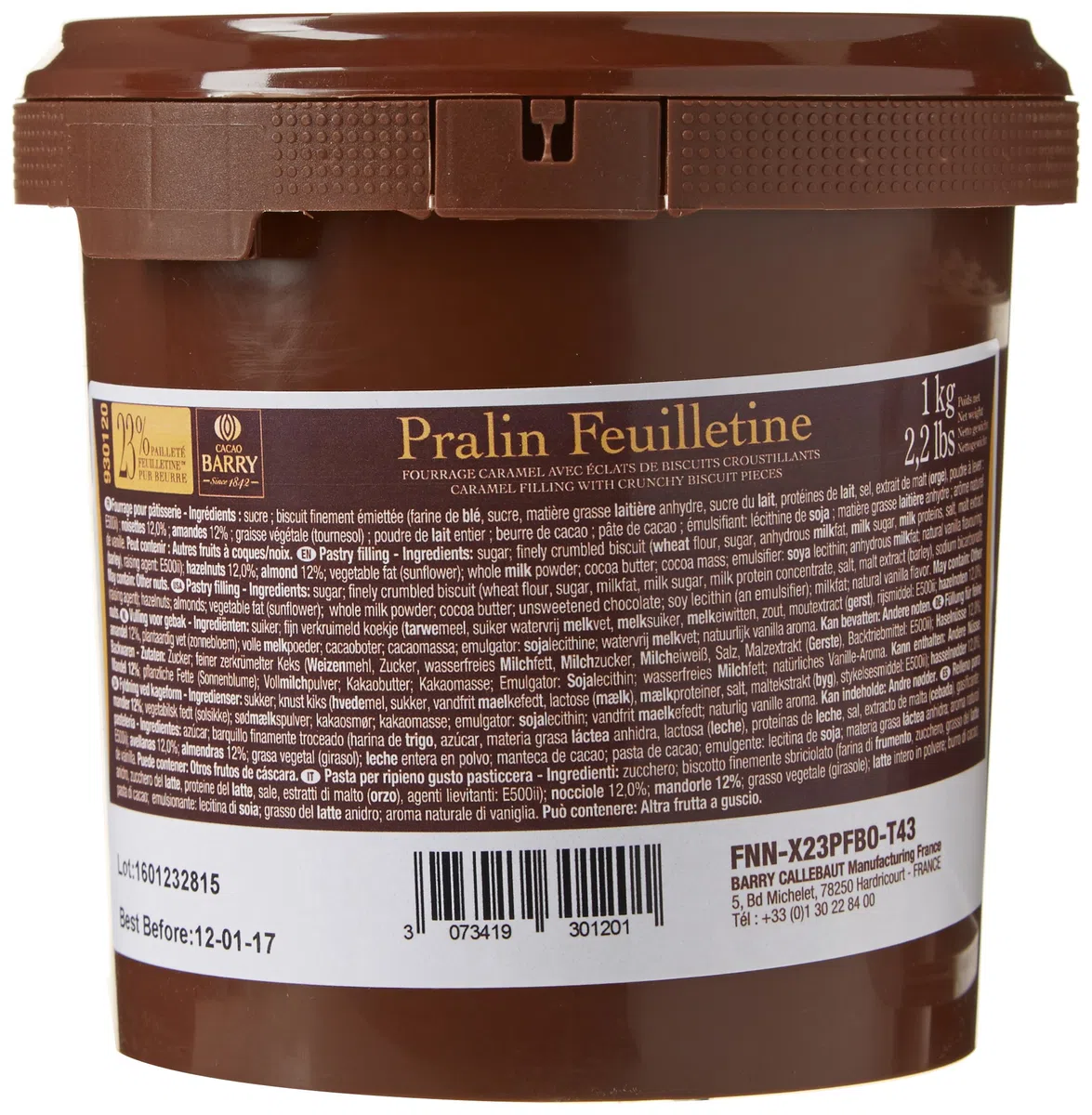 CACAO BARRY Praline Feuilletine Mélange 23% Pailleté Feuilletine/12% Noisettes/12% Amandes 1 kg
