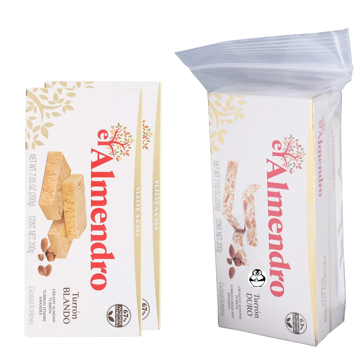El Almendro – Lot de 4 paquets de 4 amandes croustillantes nougat et tourron doux – amande crémeuse turron turron Blando y Duro con Almendras Calidad Suprema avec pochette de rangement rapide premium
