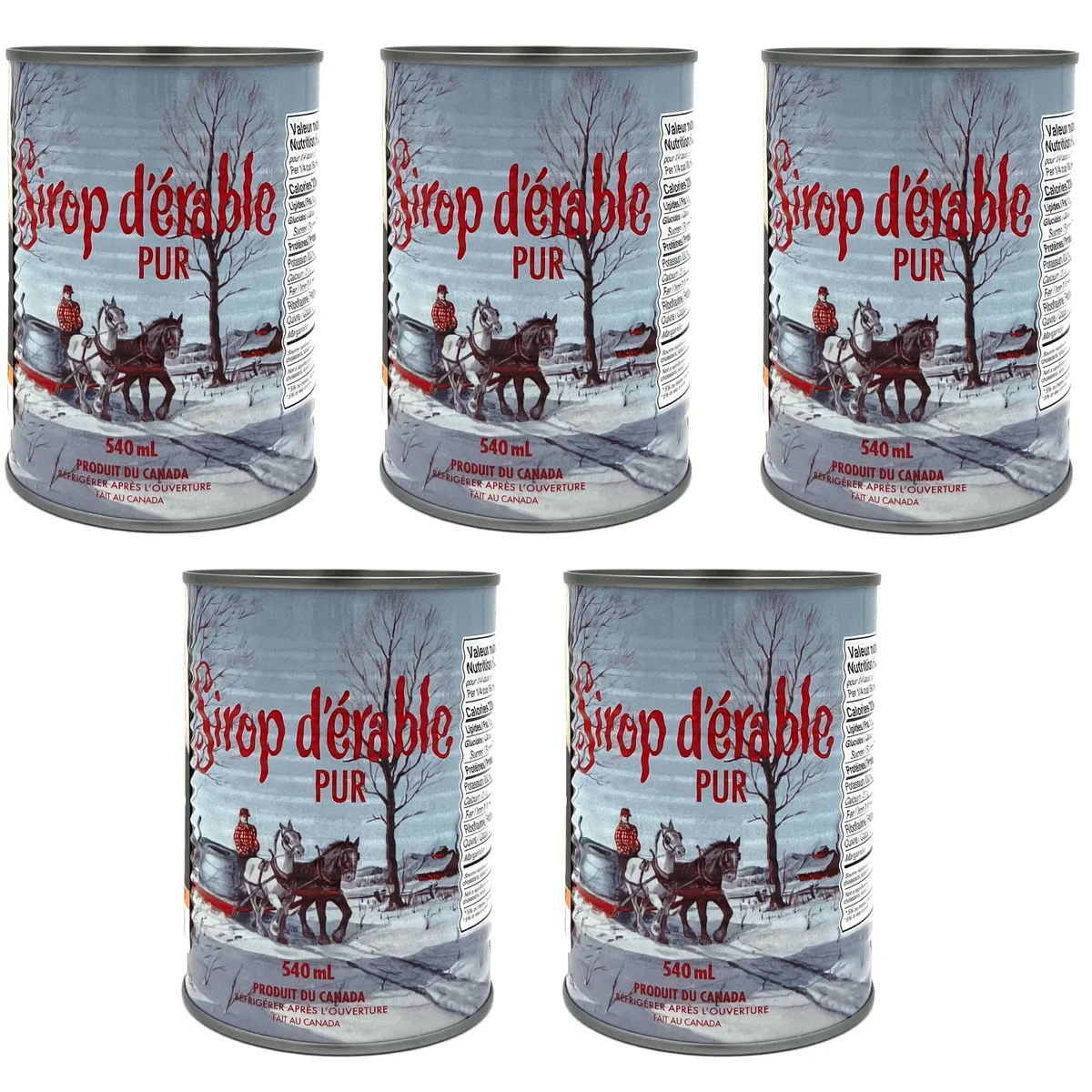 Pack de 5 conserves de sirop d'érable doré du Québec - Pur à 100% - Canne de 540ml x 5 unités - Sirop d'érable de première qualité