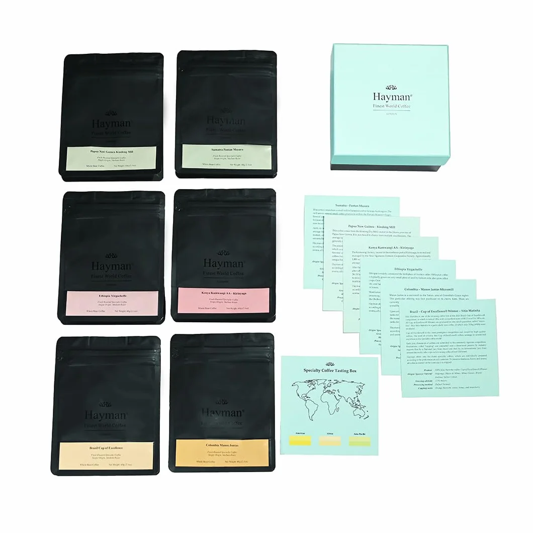 Hayman, Coffret Dégustation de Cafés de Spécialité, Cadeau de 6 Cafés Gourmet, Échantillon de Variétés, Assortiment Connaisseurs, En Grains, Torréfaction Moyenne, 6 Sacs de 60g Chacun (360g Total)