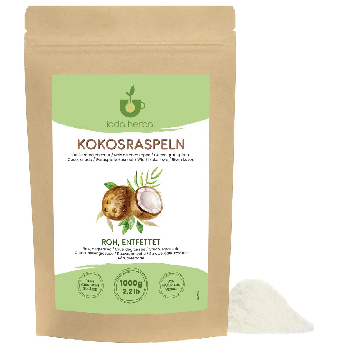 IDDA Herbal Noix de Coco Desséchée 1kg, Chair de Noix de Coco Crue Râpée pour Pâtisserie