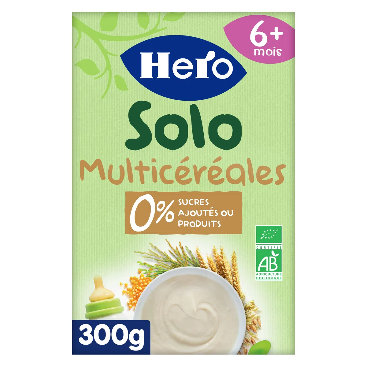 Hero Solo Bouillie Multicéréales Bio – Céréales Bio, Grain Complet, Sans Sucres Ajoutés et Sans Lait - pour Bébés Dès 6 Mois - Lot de 6 X 300 g