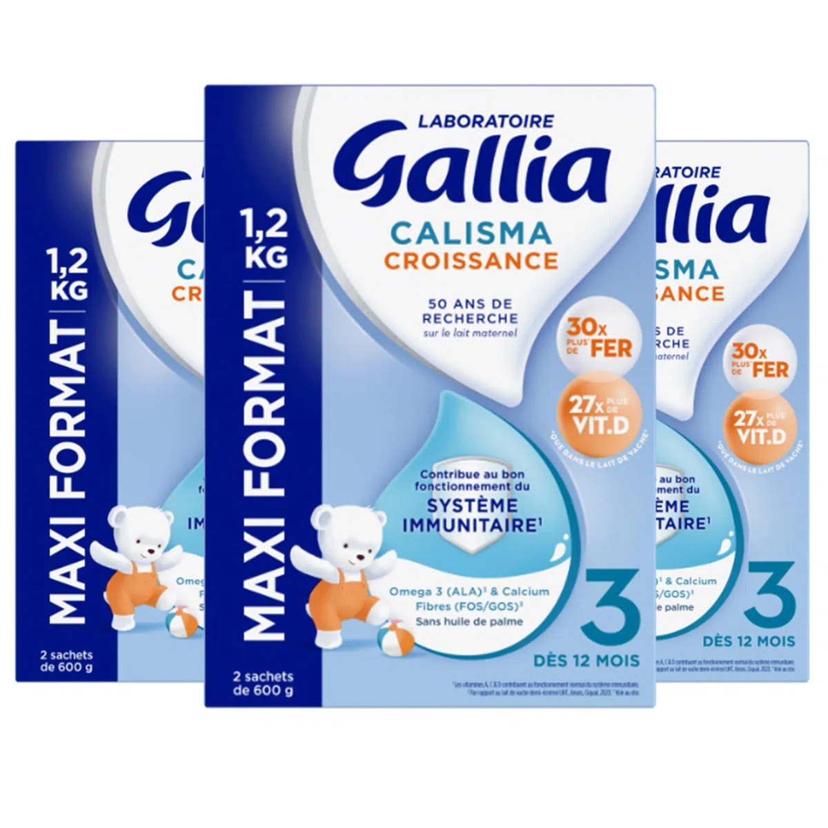 Laboratoire Gallia - Calisma Croissance 3ème âge - Lait en Poudre pour Bébé - Sans Huile de Palme - Lait Bébé dès 12 mois - Lot de 3x1,2kg