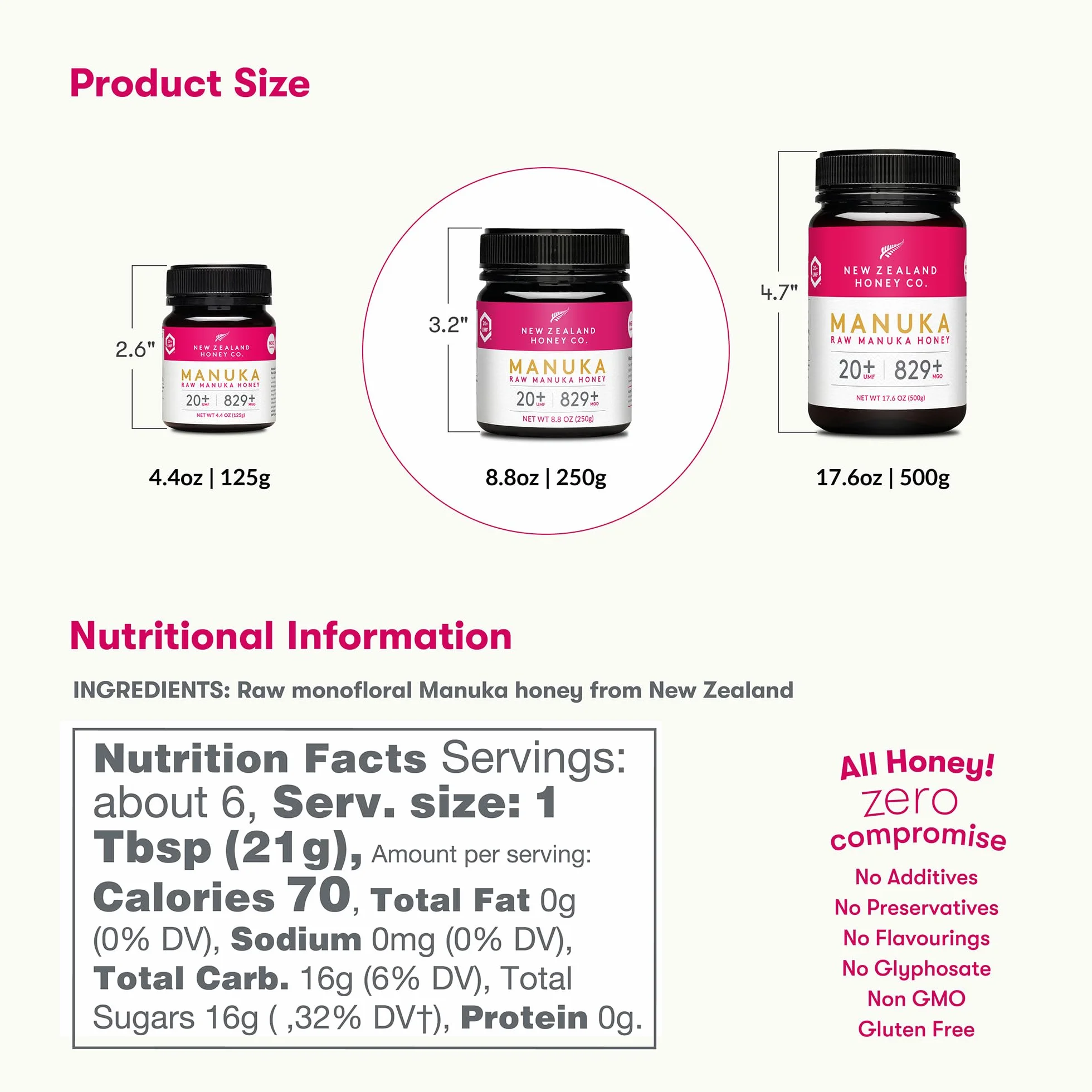 Miel de Manuka MGO 829+ / UMF 20+ de New Zealand Honey Co. | Actif et brut | Fabriqué en Nouvelle-Zélande | 250g